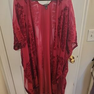 RED BURNOUT VELVET CHIFFON KIMONO